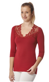 Arianne Teri 3/4 Sleeve Top with V Neck Appliqué 9501 red