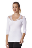 Arianne Teri 3/4 Sleeve Top with V Neck Appliqué 9501 white